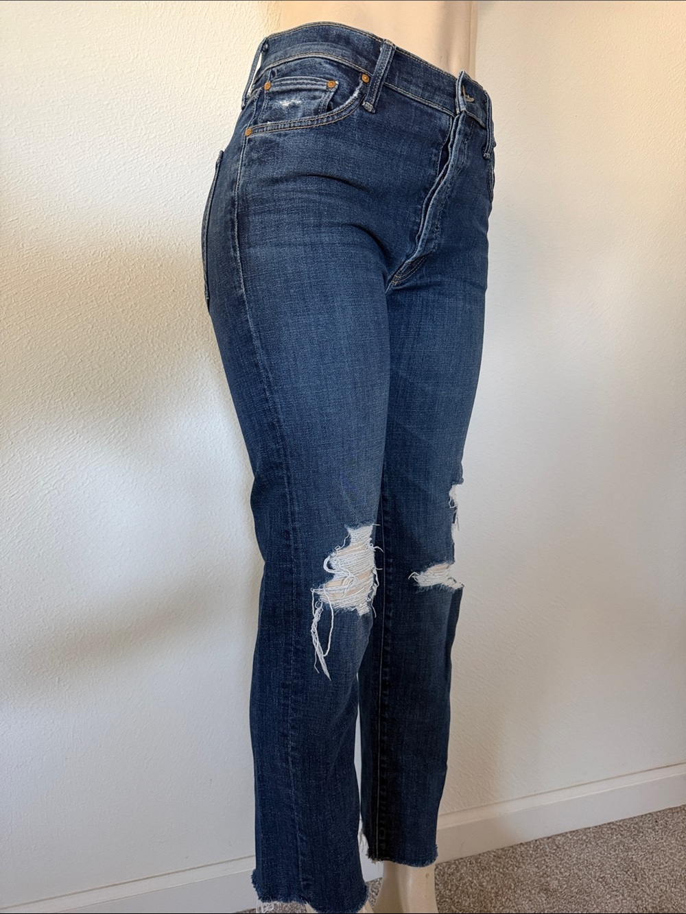 MOTHER Dark Blue Distressed Straight-Leg Jeans frayed ankle 26 high waist
